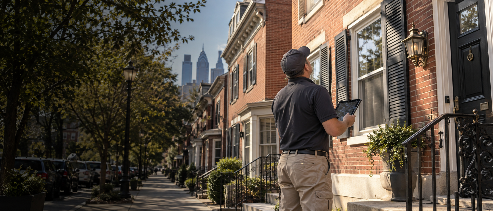 A professional inspector examining a Philadelphia brick rowhouse